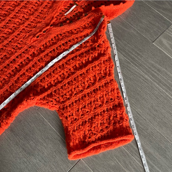 Free People Hooded Open Knit Dolman Sweater Orange Wool Blend Crochet Pullover M - Picture 16 of 16